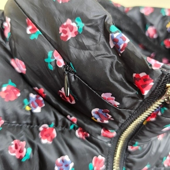 Kate Spade Black & Multicolor Floral Print Zip-Up Puffer Jacket large - Picture 5 of 11